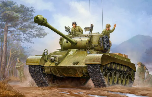 Картинка war, art, painting, tank, M26 Pershing, heavytank
