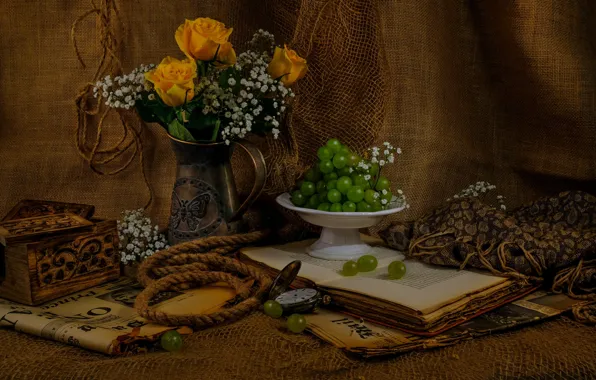 Цветы, сеть, розы, букет, веревка, виноград, канат, шкатулка