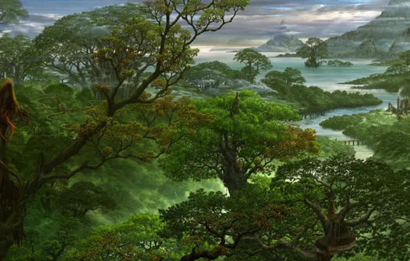 Картинка лес, деревья, горы, туман, река, дракон, арт, дымка