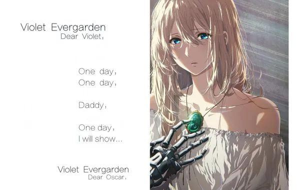 Текст, голубые глаза, плечи, белое платье, грустная, брошь, железная рука, Violet Evergarden