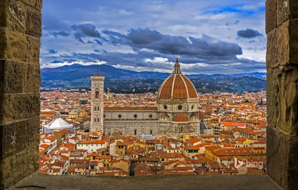 Дома, Италия, панорама, Флоренция, купол, собор Санта-Мария-дель-Фьоре, вид с башни Палаццо Веккьо