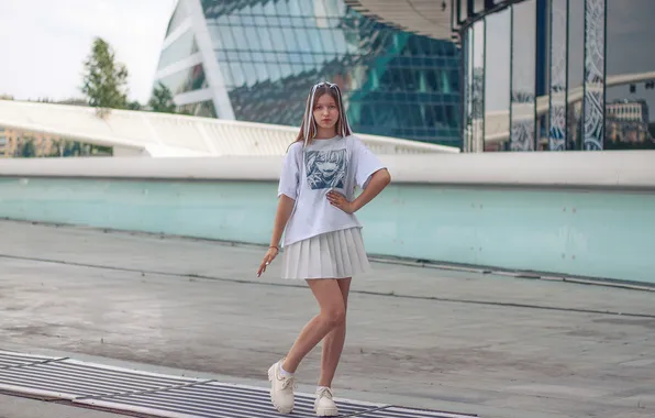 Girl, cute, skirt, T-shirt, sneakers