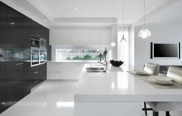 Minimal, white, black, interior, home, kitchen