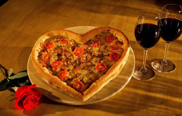 Вино, романтика, сердце, роза, пицца