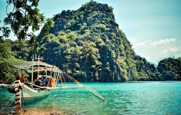 Океан, скалы, побережье, лодка, лагуна, Филлипины, Palawan, Coron