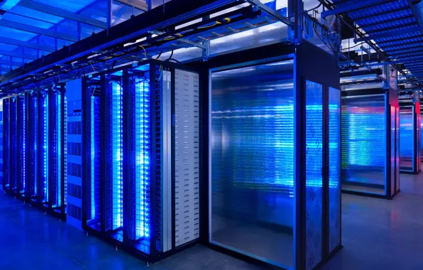 Картинка компьютер, синий, неон, подсветка, серверная, дата-центр, Сервер