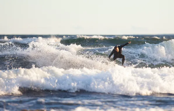 Waves, sea, surfing, splash, surfer, horizon, sunlight, extreme sport