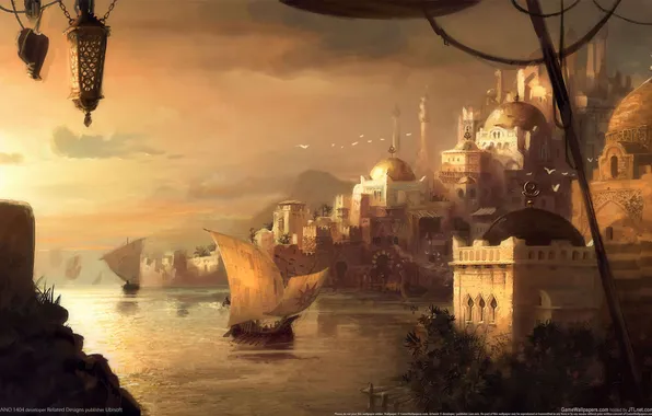 Картинка пейзаж, город, арт, Anno 1404, мечети, драккар