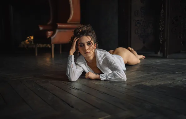 Ass, model, women, brunette, shirt, hips, white shirt, wooden floor