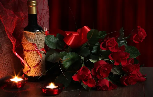 Картинка вино, розы, букет, свечи, День влюбленных