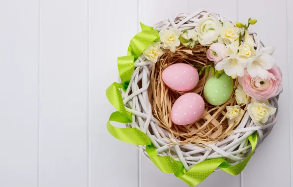 Цветы, праздник, Пасха, корзинка, wood, Easter, Eggs, лютик