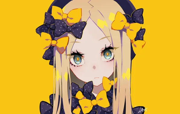 Аниме, арт, девочка, жёлтый фон, Fate Grand Order, Судьба великая кампания, Abigail Williams, Foreigner