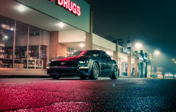 Ночь, отражение, Mustang, Ford, Ford Mustang, muscle car