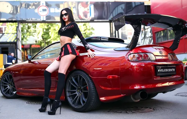 Картинка car, girl, stockings, brunette, glasses