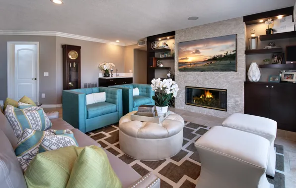 Картинка дизайн, стиль, диван, вилла, часы, интерьер, кресло, камин