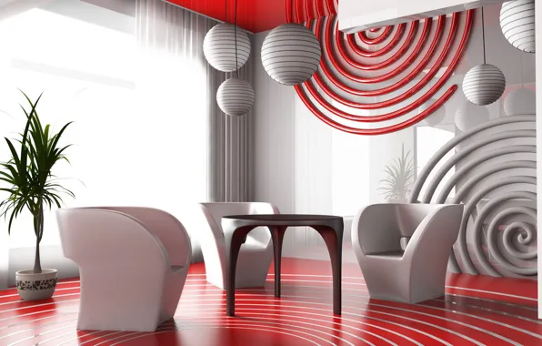 Красный, интерьер, кресла, столик