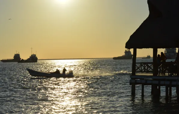Paz, agua., barco, malecón, tranquilida