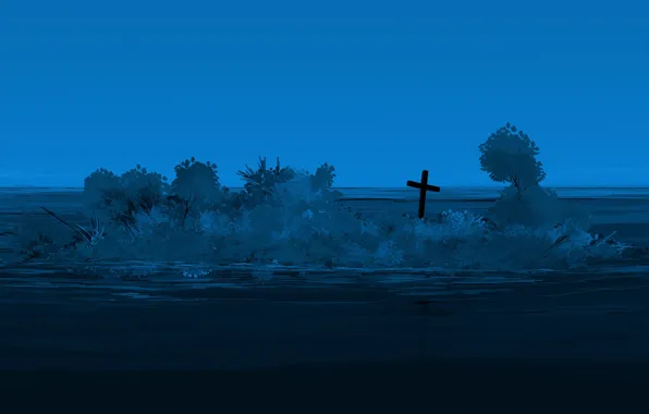 Вода, остров, крест, сумерки