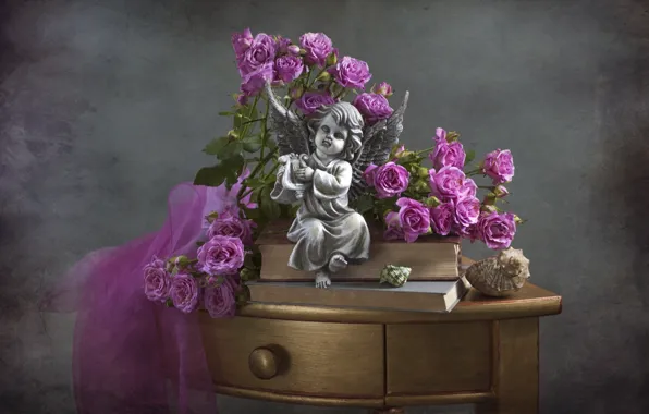 Картинка стол, розы, ангел, ракушка, статуэтка