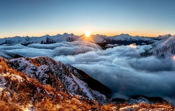 Clouds, Sky, Sun, Snow, Morning, Peaks