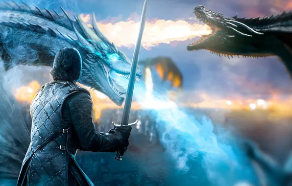 Драконы, меч, воин, арт, Game of Thrones, Игра престолов