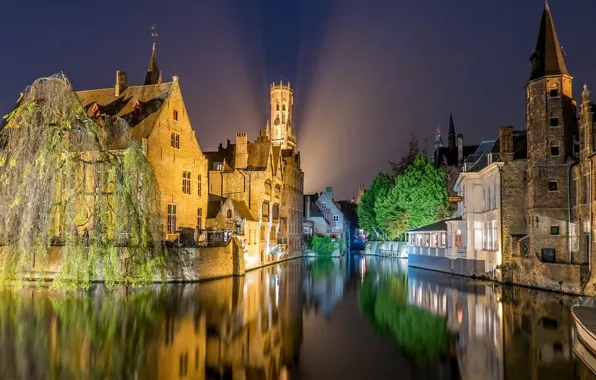 Ночь, огни, дома, канал, Бельгия, архитектура, Brugge