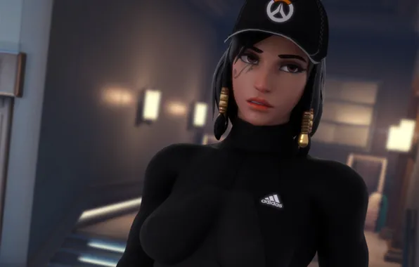 Грудь, девушка, красота, кепка, adidas, overwatch, pharah, Fareeha Amari