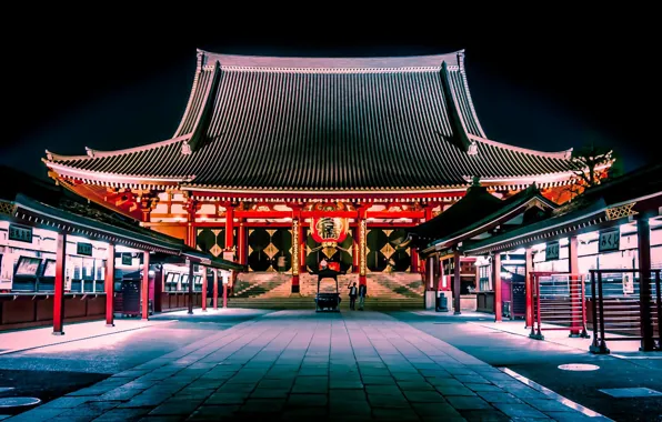 Tokyo, Japan, ночная улица, храм Сэнсо-дзи, Senso-ji Temle