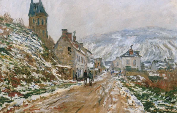 Картинка пейзаж, картина, Клод Моне, Дорога в Ветей Зимой