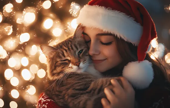 Кошка, кот, девушка, огни, Рождество, девочка, Новый год, ласка