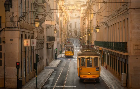 Картинка улица, здания, дома, фонари, Португалия, трамваи, Лиссабон, Portugal