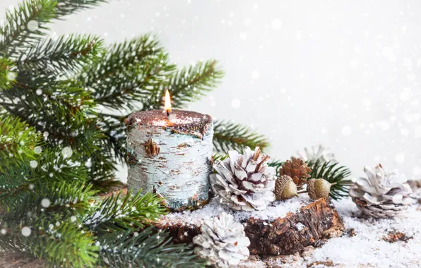 Картинка снег, украшения, елка, Новый Год, Рождество, Christmas, balls, decoration