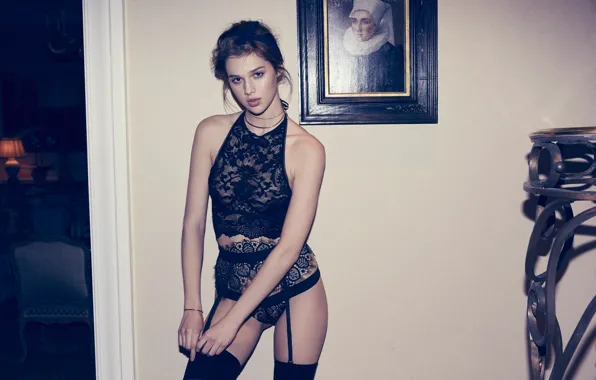 Lingerie, stockings, model, beauty, lips, look, Anais Pouliot