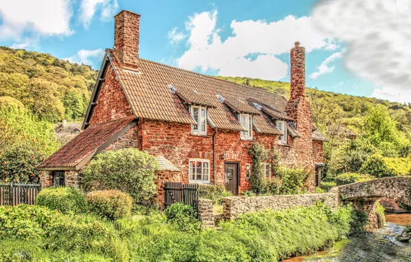 Картинка небо, солнце, облака, мост, ручей, Англия, дома, склон