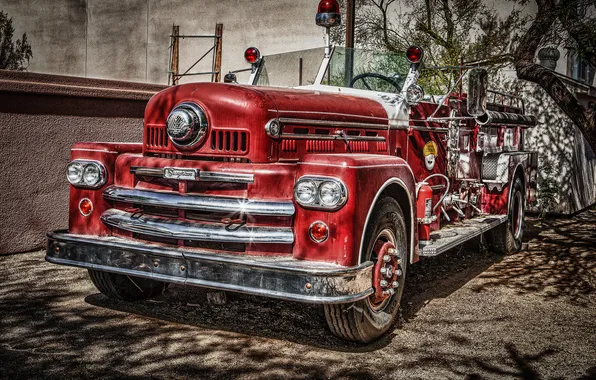 Картинка HDR, красная, хром, 1957, пожарная машина