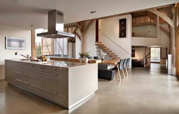 Интерьер, кухня, гостиная, столовая, ранчо, barn conversion