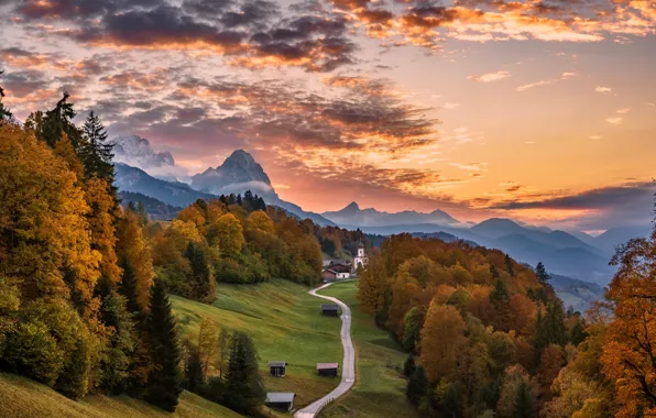 Дорога, осень, деревья, горы, природа, дом, Германия, Бавария
