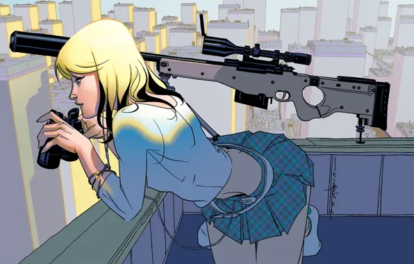 Картинка крыша, девушка, город, блондинка, бинокль, снайпер, прицел, винтовка