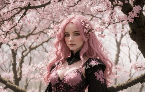 Girl, fantasy, Sakura, pink hair, dress, nature, art, fantasy art