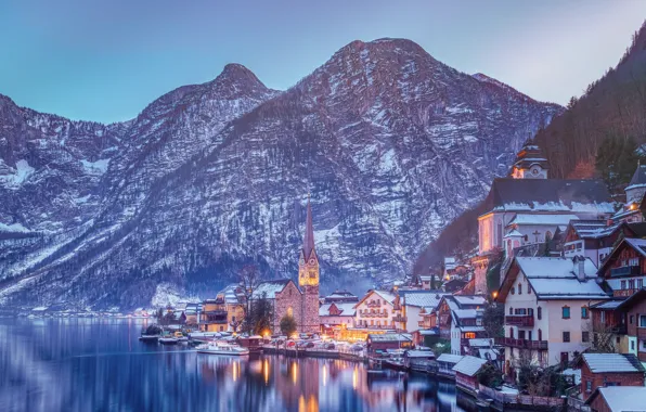 Зима, горы, озеро, дома, Австрия, Альпы, Austria, Hallstatt