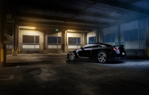 Nissan, GT-R, black, parking, garage, r35