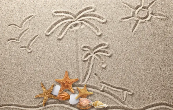Картинка песок, рисунок, texture, sand, drawing, starfish, seashells