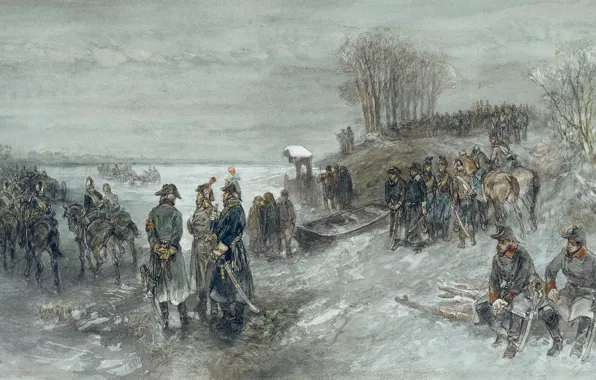 Картинка рисунок, акварель, жанровая, Шарль Рохуссен, Французские Войска Переходят Замерзшую Реку