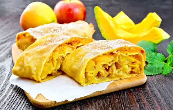 Картинка яблоки, пирог, тыква, десерт, сладкое, сахарная пудра, изюм