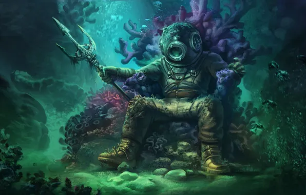 Картинка fantasy, underwater, ocean, background, men, sitting, helmet, throne