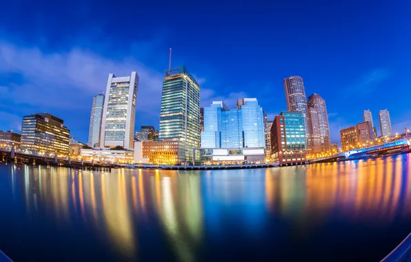 Город, отражение, река, дома, вечер, Бостон, Boston skyline