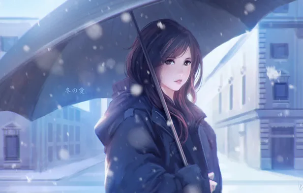 Зима, снег, зонт, аниме, арт, девочка, Vu Nguyen, Winter Love