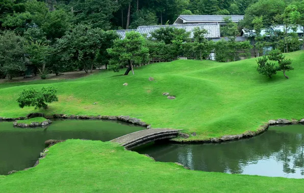 Картинка мост, ручей, Япония, сад, лужайка