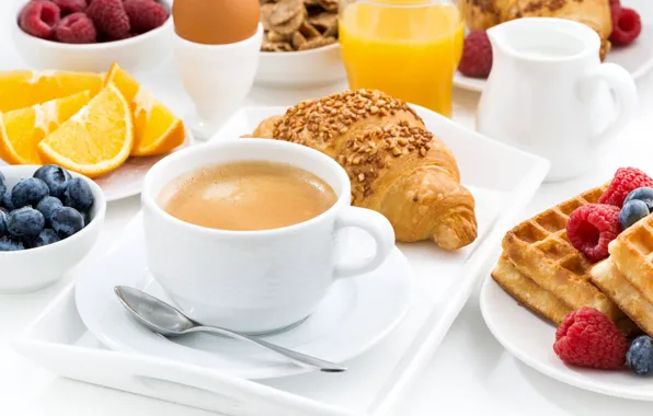 Ягоды, малина, яйцо, кофе, апельсин, завтрак, сок, вафли