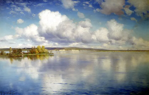 Картинка небо, вода, облака, деревья, пейзаж, озеро, отражение, берег